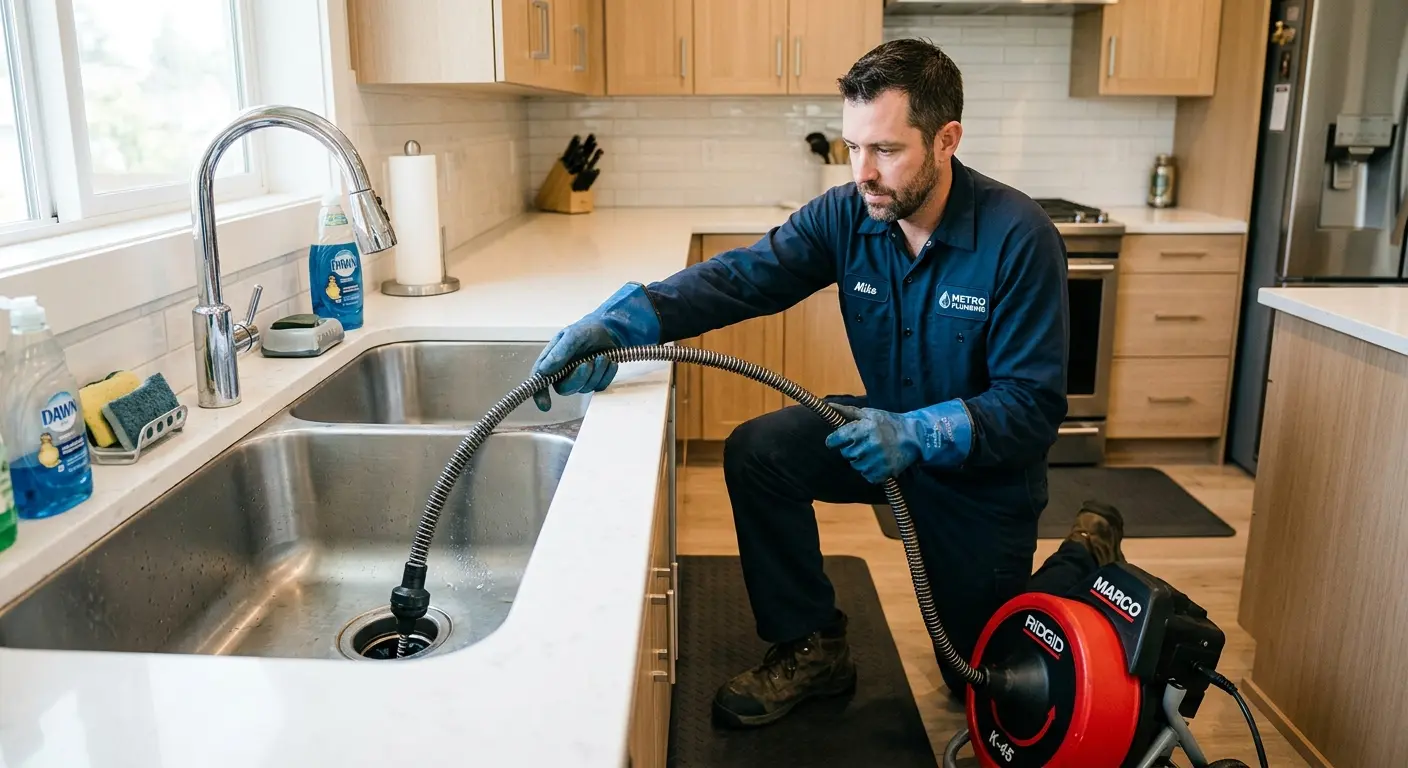 Drain cleaning technician using a motorized snake on a kitchen sink in Phelan