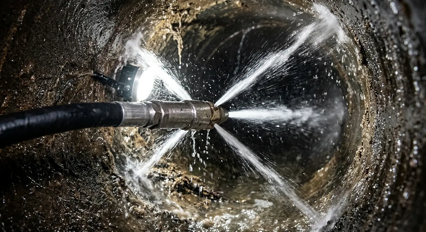 High-pressure hydro jetting nozzle cleaning sewer pipe for Emergency Drain Service in Phelan