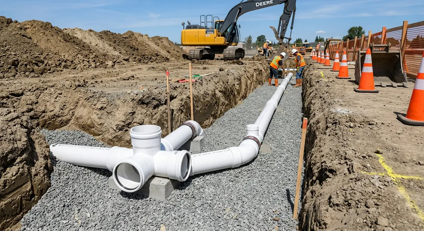 New PVC sewer pipe installation in open trench for Commercial Drain Cleaning in Phelan
